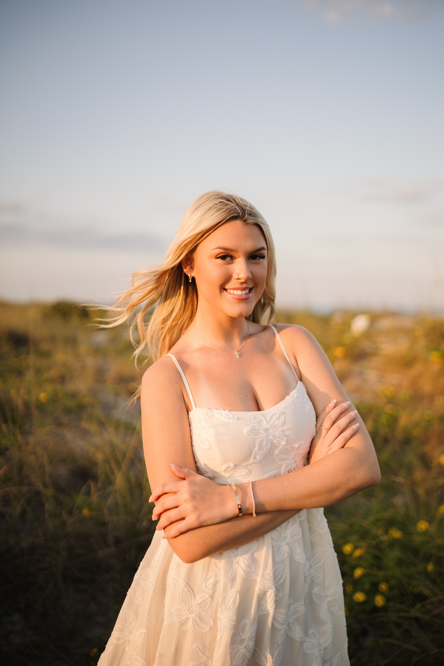 Averie in a white dress portrait at golden hour