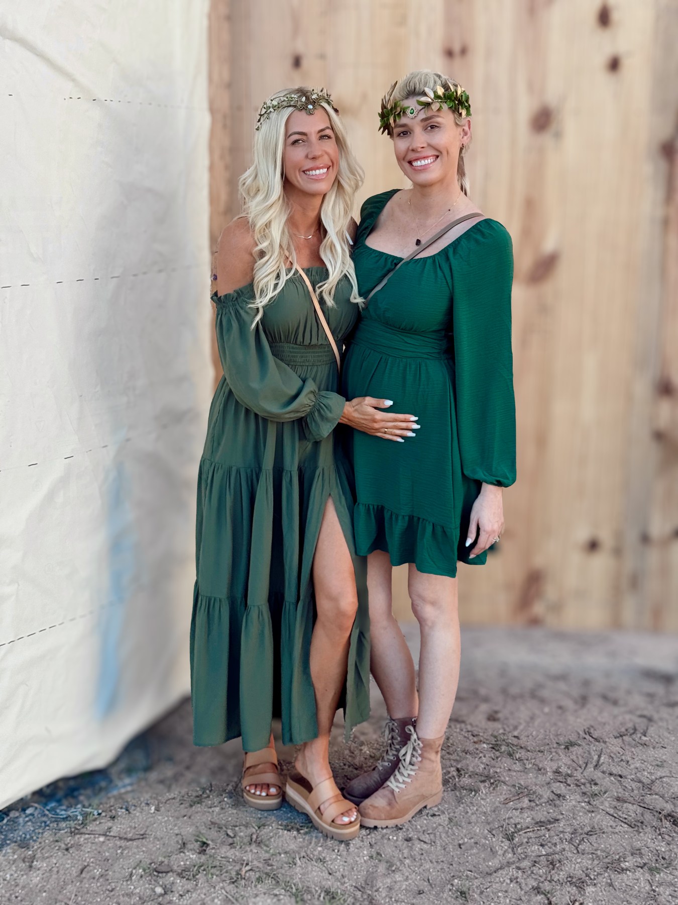 Kimberli and Brooke in green dresses and floral crowns
